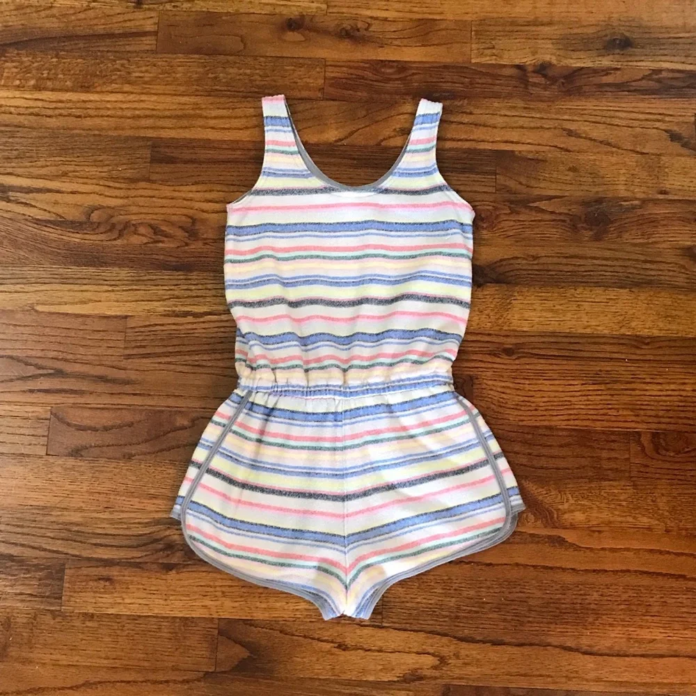 Justice 1 Pc Multicolor Stripe Shorts Romper Happy Rainbow Chill Ice Cream Pocke